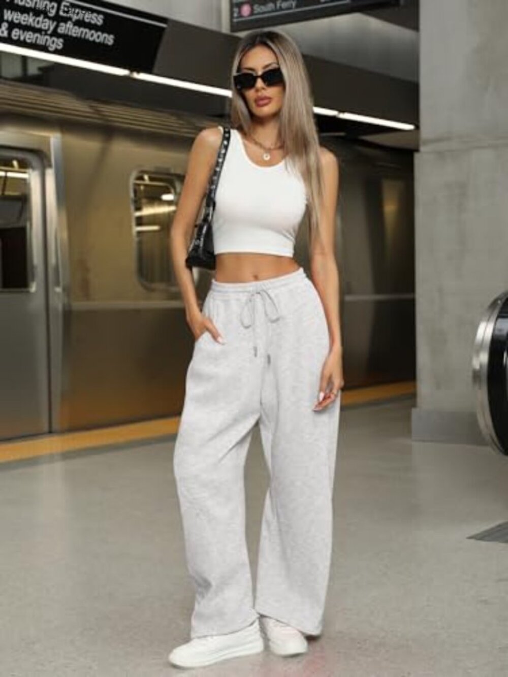 Wide Leg Sweatpants - High Elastic Waist Baggy Pants with Pockets & Adjustable - Picture 3 of 7